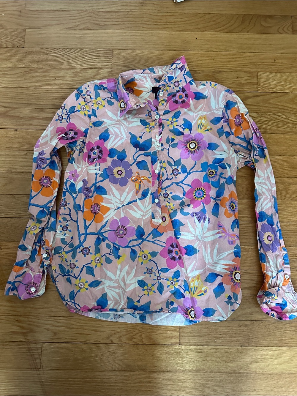 J. Crew Pink Floral Button-Front Blouse with Multicolor Blooms